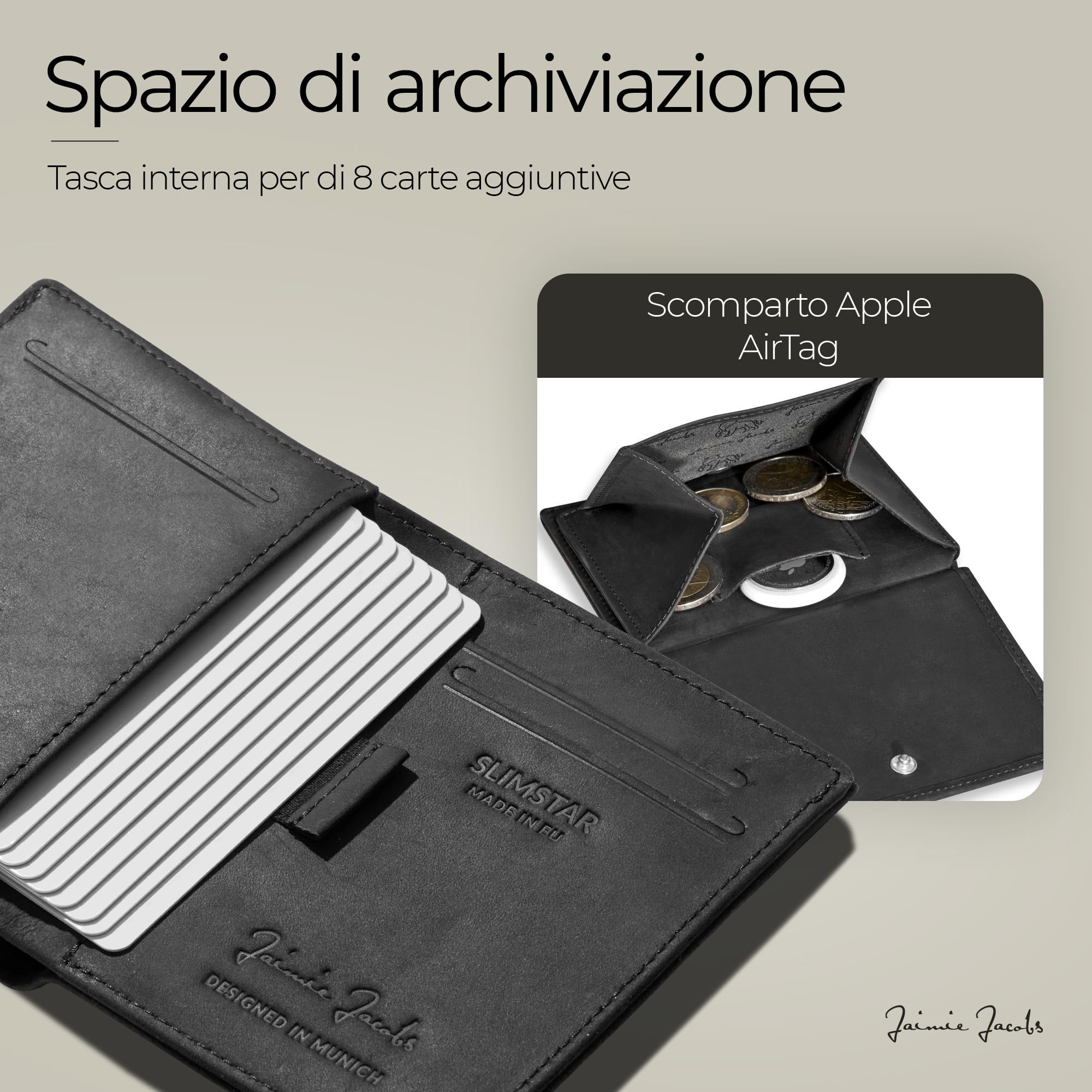 Jaimie Jacobs SLIMSTAR Portafoglio Uomo Piccolo con protezione RFID Porta Carte di Credito (Vano Apple AirTag, Pelle Di Bufalo Nero)
