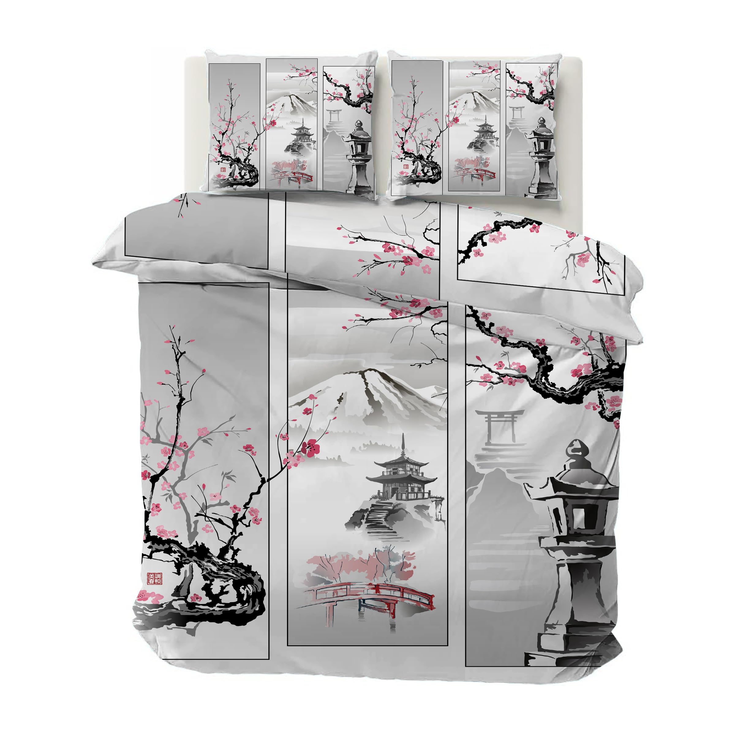 Parure de Lit 240 x 260 Japonais Housse de Couette 2 Personnes Réversible, Housse Couette Imprimée Fleur de Cerisier en Microfibre et 2 Taie d'oreiller 65x65 cm avec Fermeture Éclair