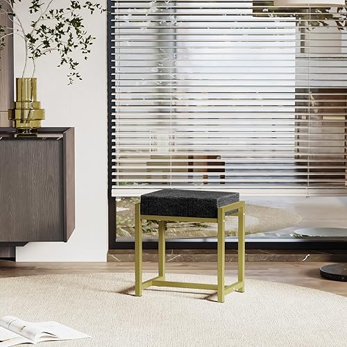 Semiocthome Moderno taburete tapizado de lino negro, sillas otomanas con patas de metal dorado, banco de tocador de maquillaje para dormitorio,