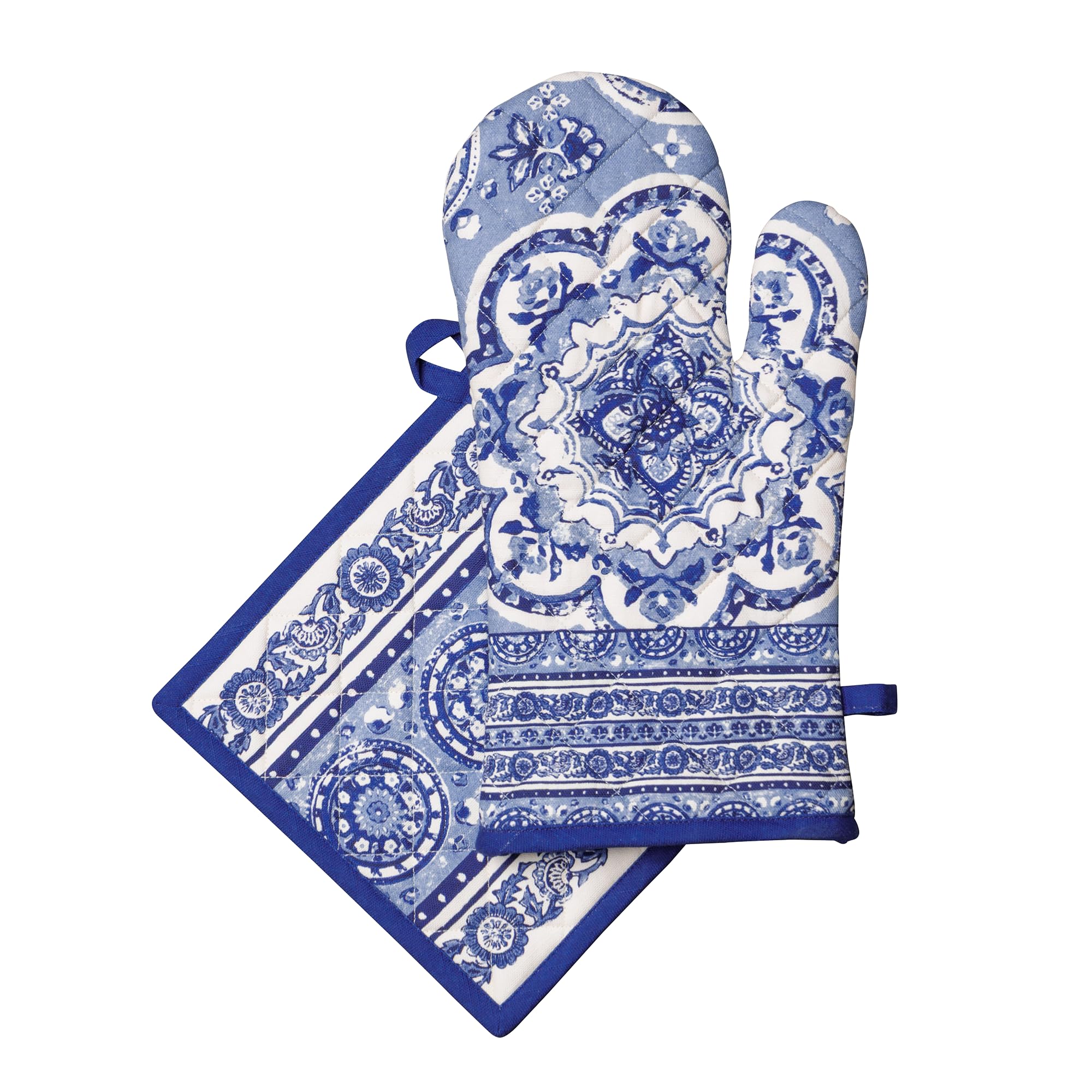 Maison D' Hermine 009 - Melodie Bleue 100% Cotton Oven Mitt & Pot Holder Set (19 X 33 Cm & 20 X 20 Cm) Heat Resistant Bbq Cooking Gloves With Loop For Baking Handling Hot Pans Spring Summer (Melodie Bleue)