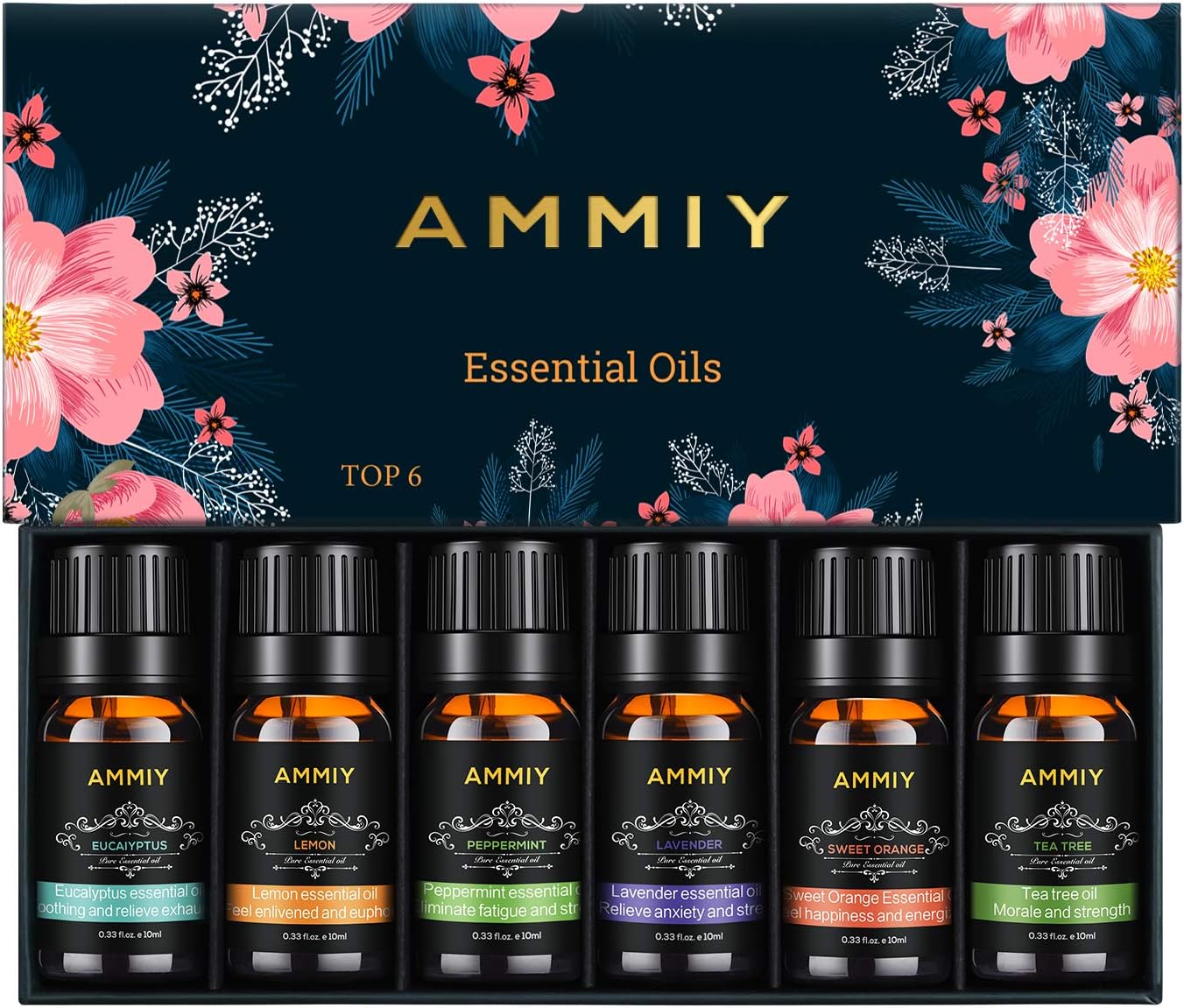 AMMIY Essential Oils Set of 6 x 10ml for Aromatherapy Bath Spa Diffuser Fragrance Relaxing Scent, Pure, Natural, Vegan Oils Including Eucalyptus, Lemon, Peppermint, Lavender, Sweet Orange, Tea Tree
