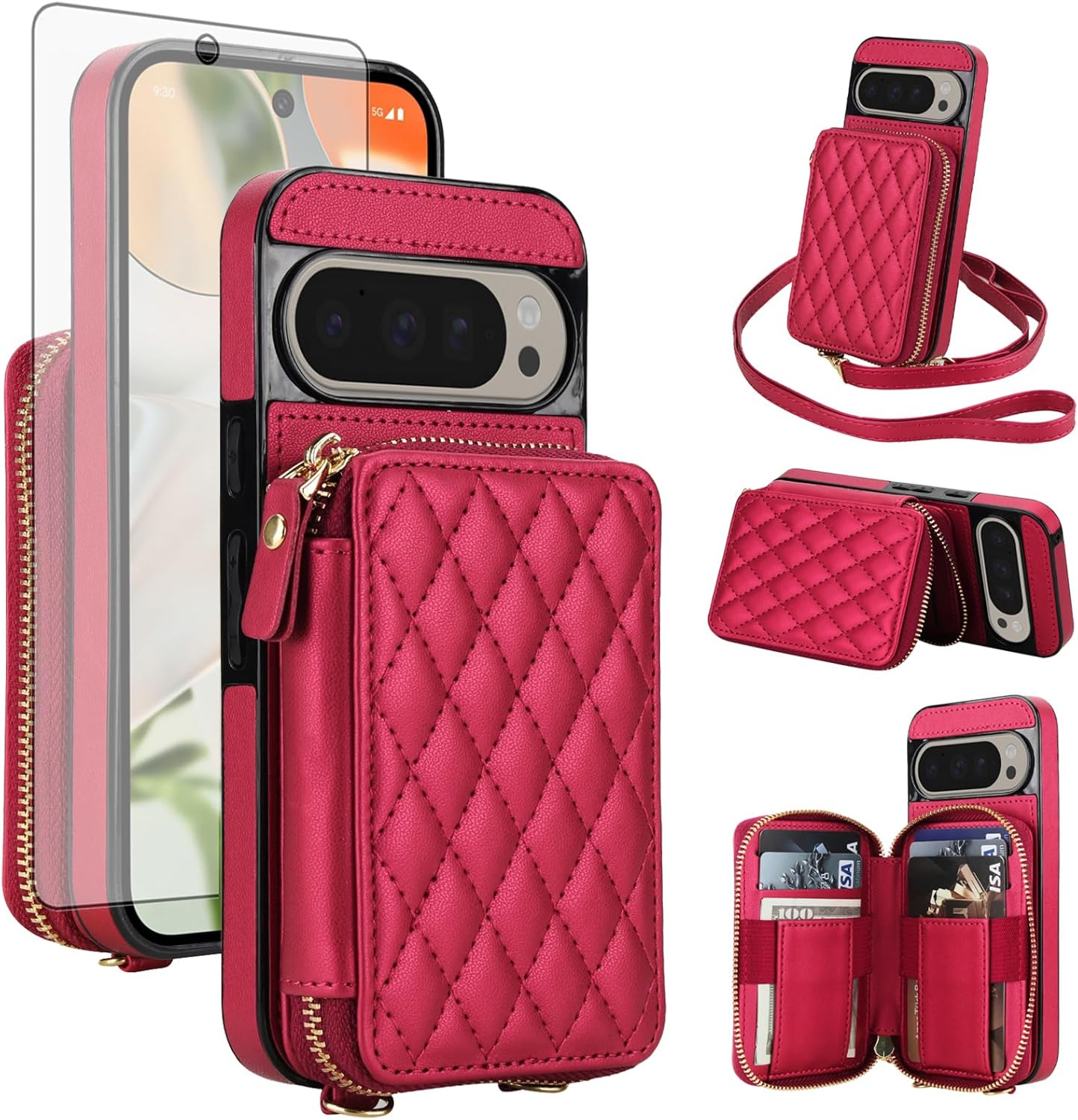 Asuwish Phone Case for Google Pixel 9 Pro XL/10 Pro XL Wallet Cell Cover with Tempered Glass Screen Protector Crossbody Strap RFID Blocking Card Holder Slot Pixel9 9Pro Nine Pixel10 10Pro LX Women Red