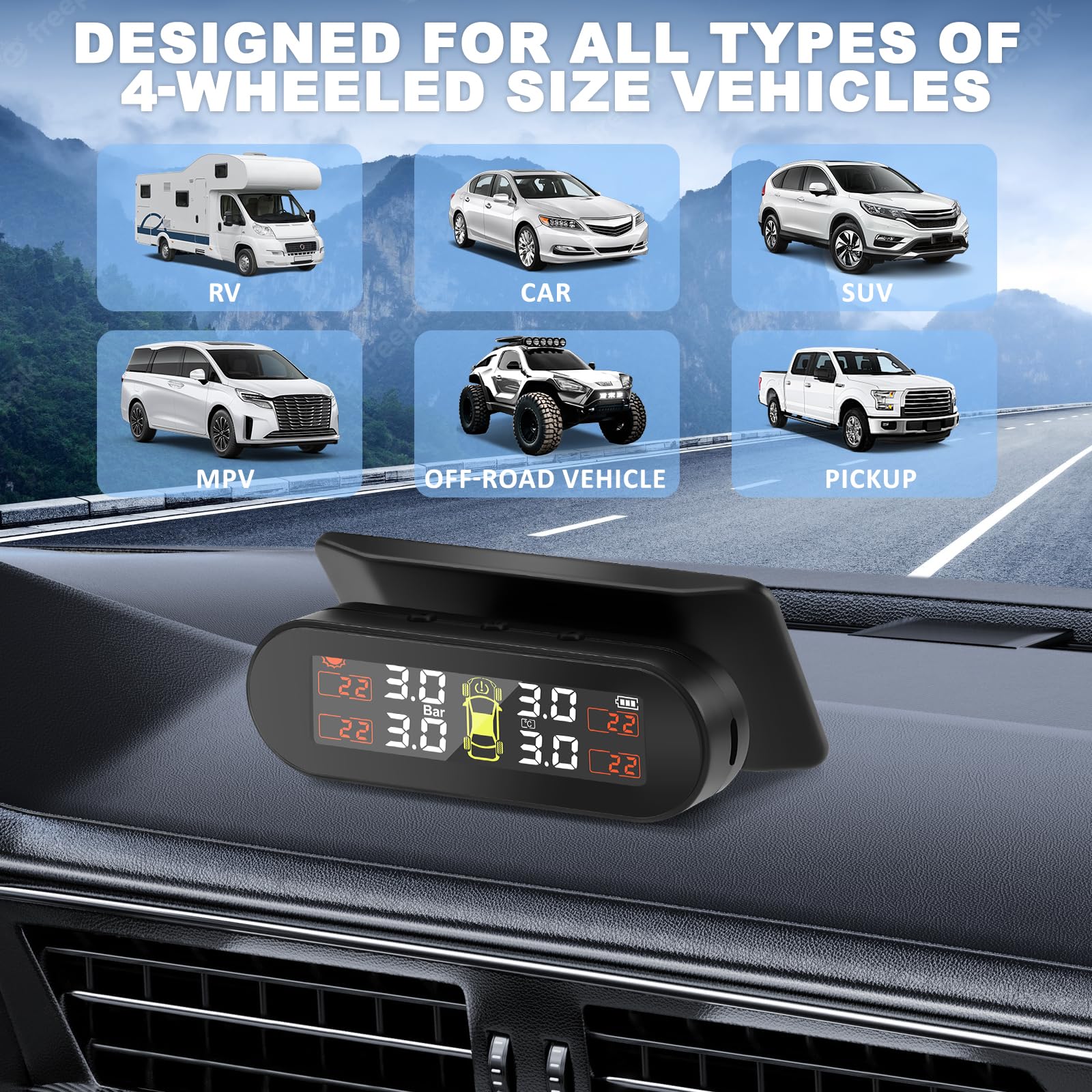 TPMS Sistema di Monitoraggio,della Pressione degli Pneumatici, Ricarica Solare/USB, 4 modalità Allarme, con 4 Sensori Esterni, per Berlina, SUV, Monovolume, Rimorchio, ECC