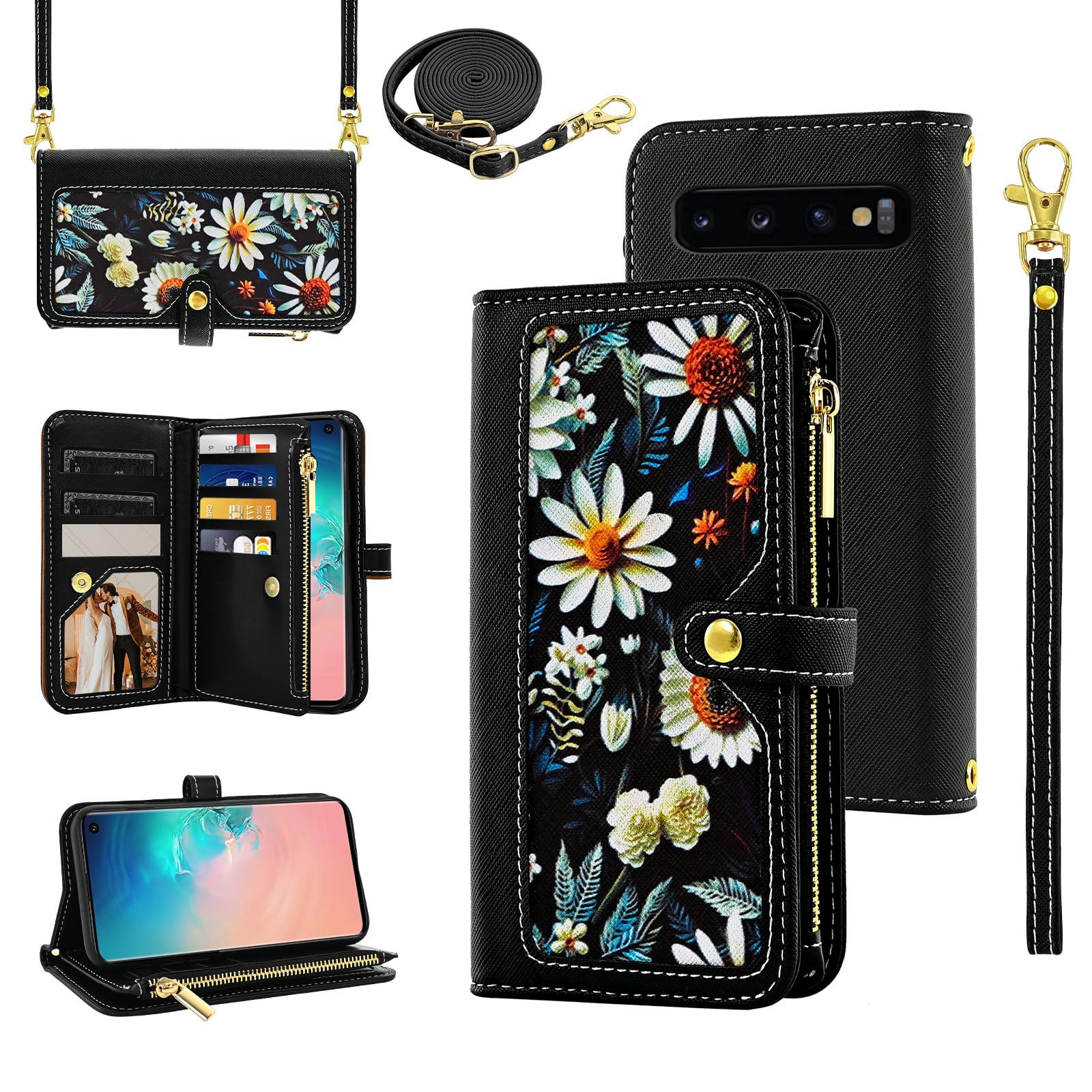 Furiet Floral Wallet Case for Samsung Galaxy S10 Plus with Wrist Strap Shoulder Strap Flip Zipper Purse Luxury Credit ID Card Holder Stand Phone Cover