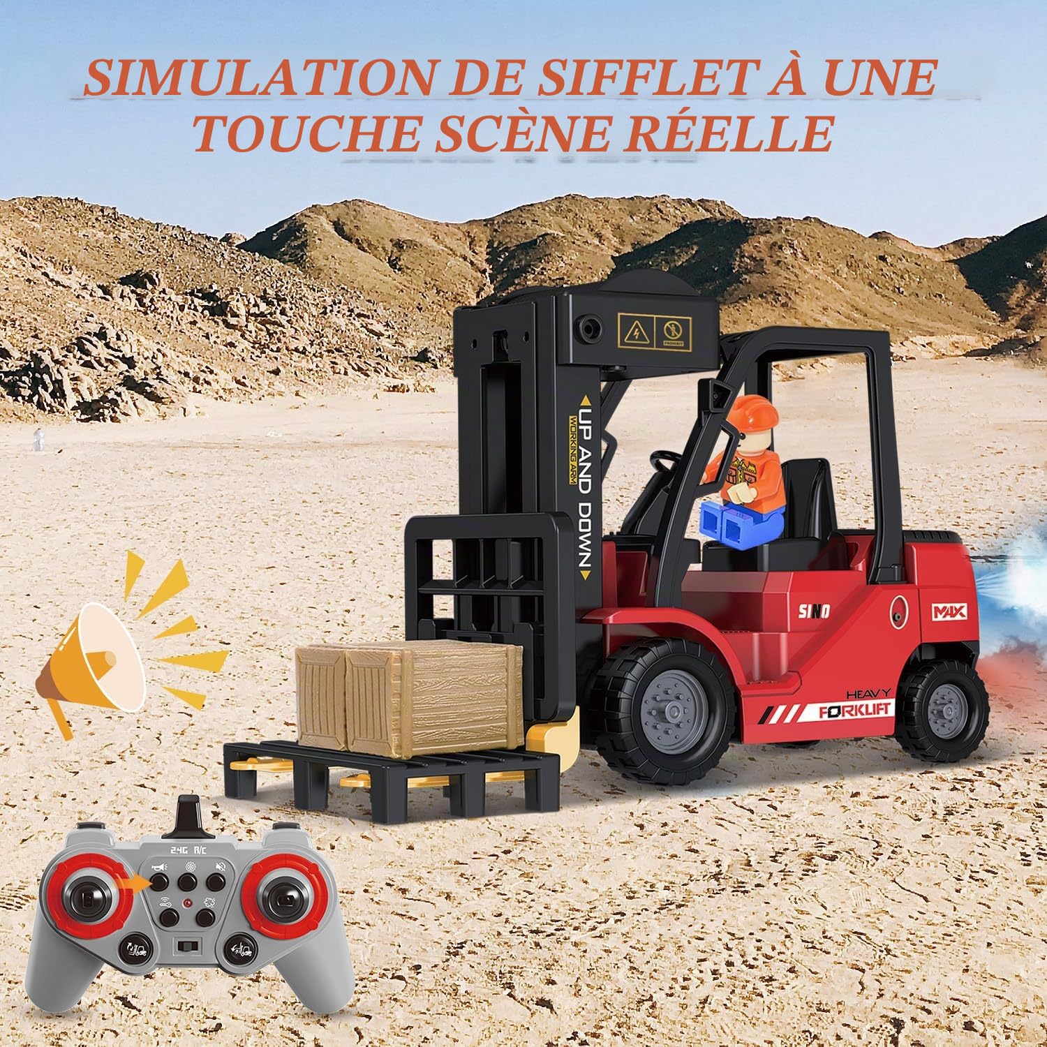 Mostop Chariot élévateur RC, jouet de construction 1/24, avec boîtes/son et spray lumineux, deux batteries rechargeables et chargeur