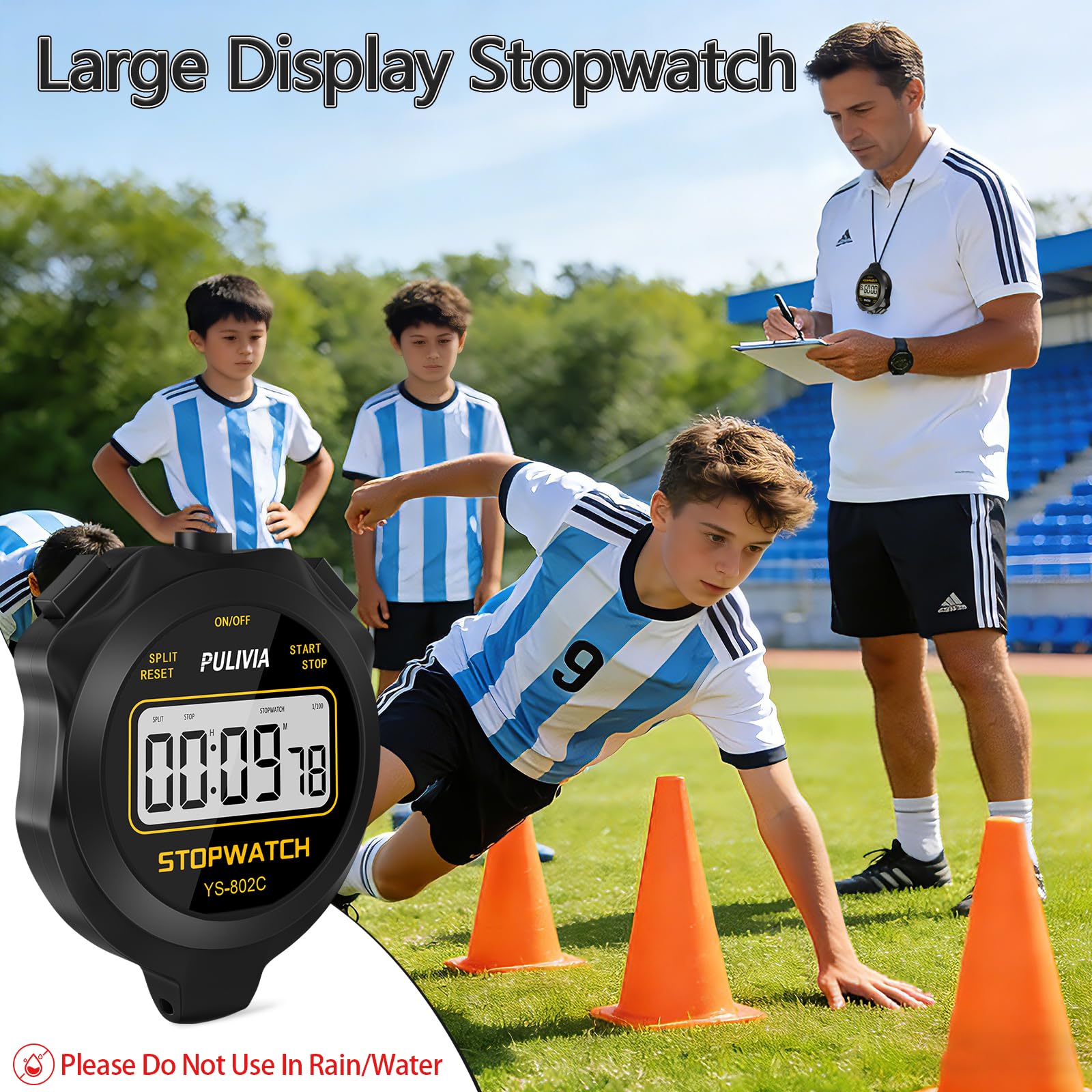 Cronometro Sportivo con Pulsante Silenzioso e ON/OFF, Senza Orologio né Calendario per un Facile Utilizzo, Cronometro Digitale PULIVIA per Bambini, Allenatori, Allenamento e Corsa, Nero