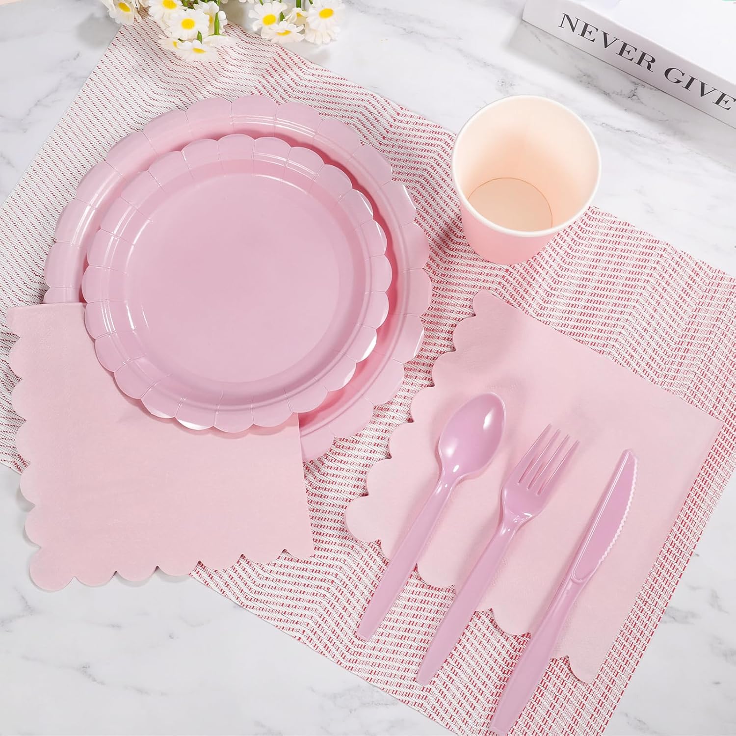 175 Pcs Pink Plates and Napkins, Pink Valentines Plates Set Include Scalloped Plate Napkins Cups Plastic Spoons Forks Knives Disposable Dinnerware for Birthday, Wedding, Bridal Baby Shower - Image 4