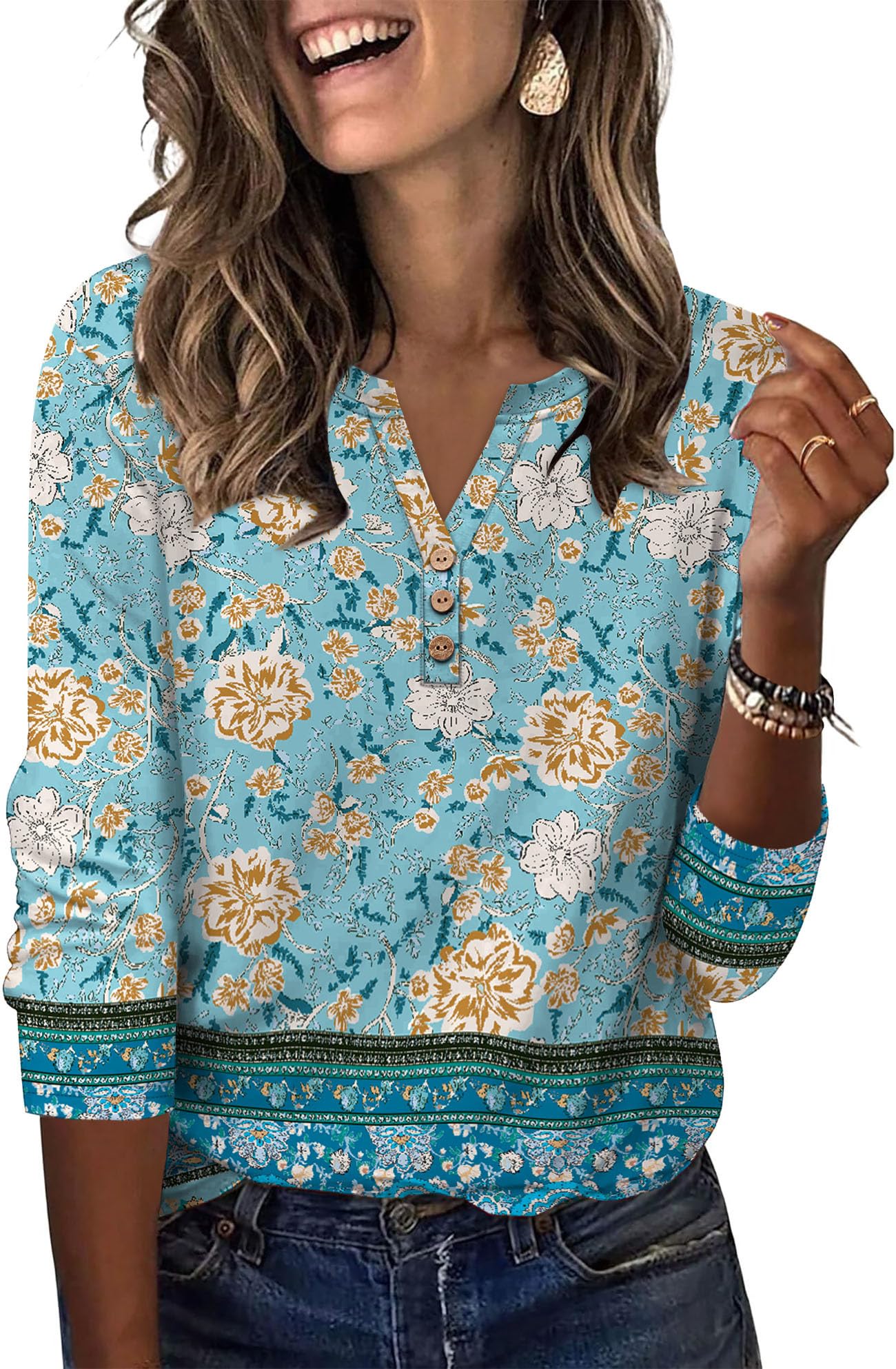Aokosor Womens 3/4 Sleeve Tops Ladies Blouse V Neck Tunic Long Sleeve T Shirts Curved Hem Office Wear — view 17