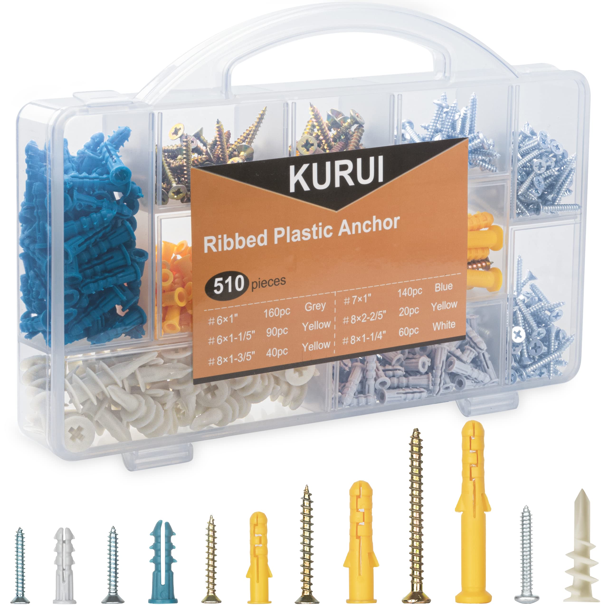 KURUI 510Pcs Wall Hanging Kit with Anchors and Screws, Picture Hanging Kit for Frame Curtain Rod Canvas, Drywall Anchors Assortment Kit for Sheetrock Concrete Brick, 6 Sizes Picture Hangers