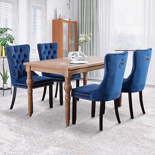 Miniatura 44 de Juego de 6 sillas de comedor de terciopelo, sillas de comedor tapizadas acolchadas con ribete de tachuelas y patas de madera maciza para cocina,