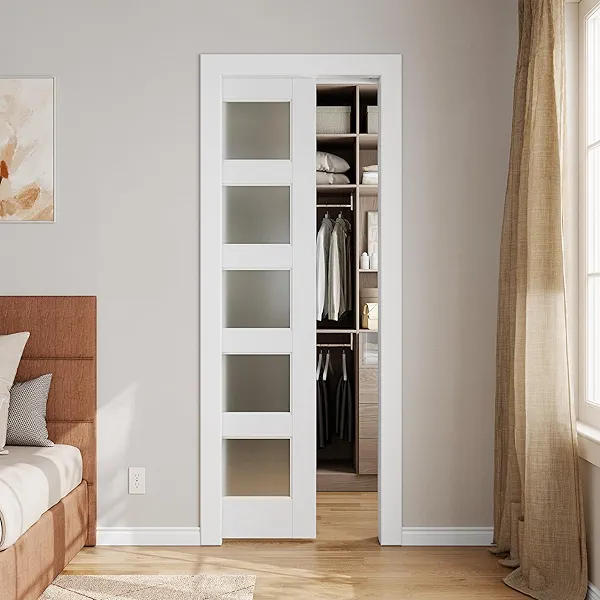 Sliding Pocket Door 24" x 80", 5-Panel Frosted Glass Panel with Soft Close Pocket Door Frame Kit, Interior & Closet Pre-Assembled Door Slab, White Primed 24" x 80" White