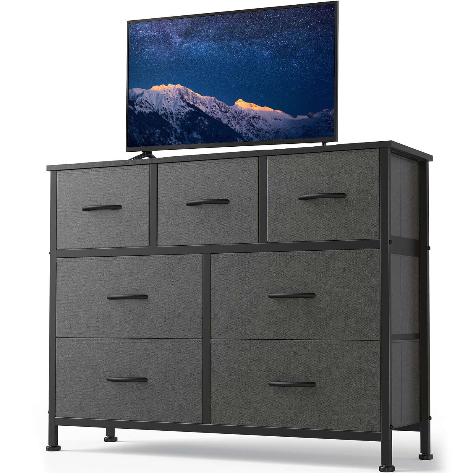 NEWBULIG Dresser for Bedroom with 7 Fabric Drawers, TV Stands for Living Room Entertainment Center Dressers & Chest of Drawers with Steel Frame and Wooden Top for Entryway Grey