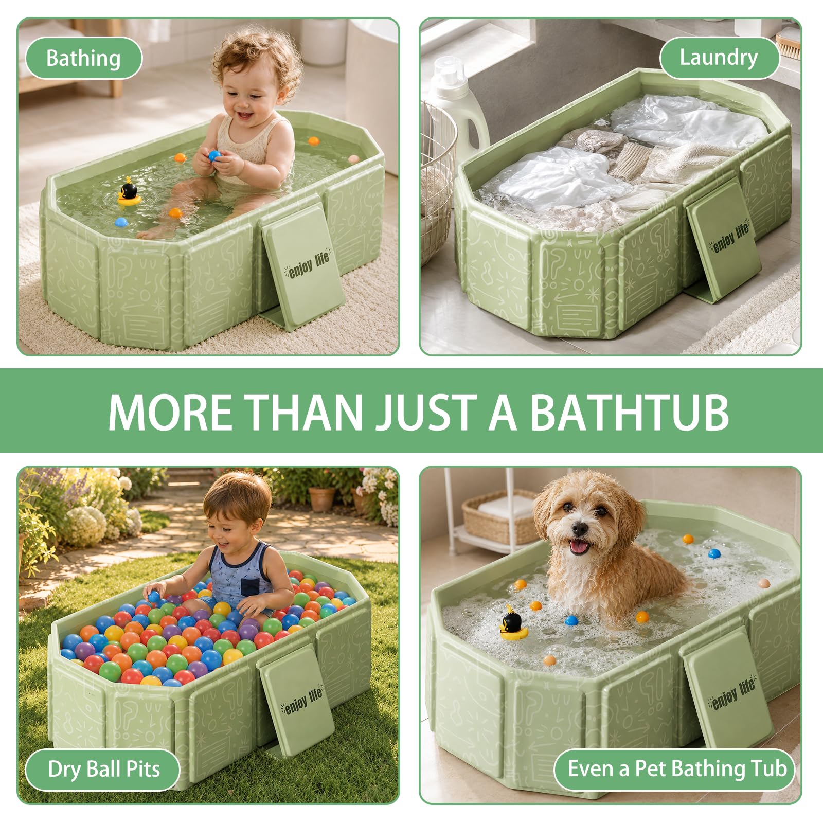 Bañera plegable para niños, portátil y grande para bebés, lavabo de ducha bañero para 0-8 años, integrado con tapón de drenaje (Verde)