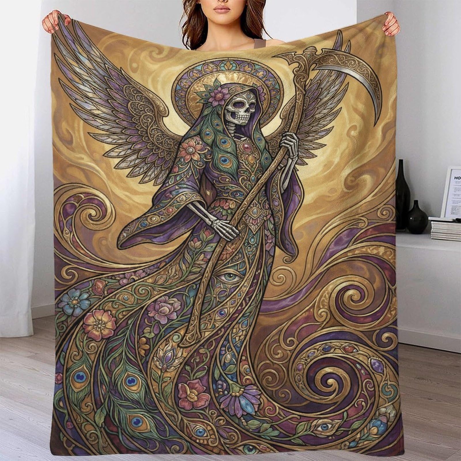 H3B8U2Y5 Art Nouveau Skull Grim Reaper Warm Throw Blanket, Car Travel Couch