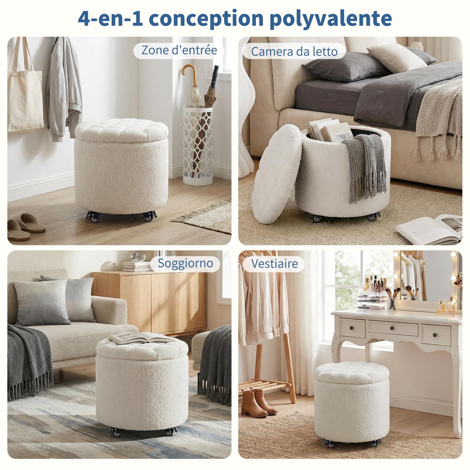 Pouf Rangement avec roulettes, 48cm Tabouret Rond avec Rangement, Tabouret Coiffeuse avec Assise Rembourrée et Couvercle Amovible pour Salon, Chambre ou Salle à Manger, Sherpa, Blanc