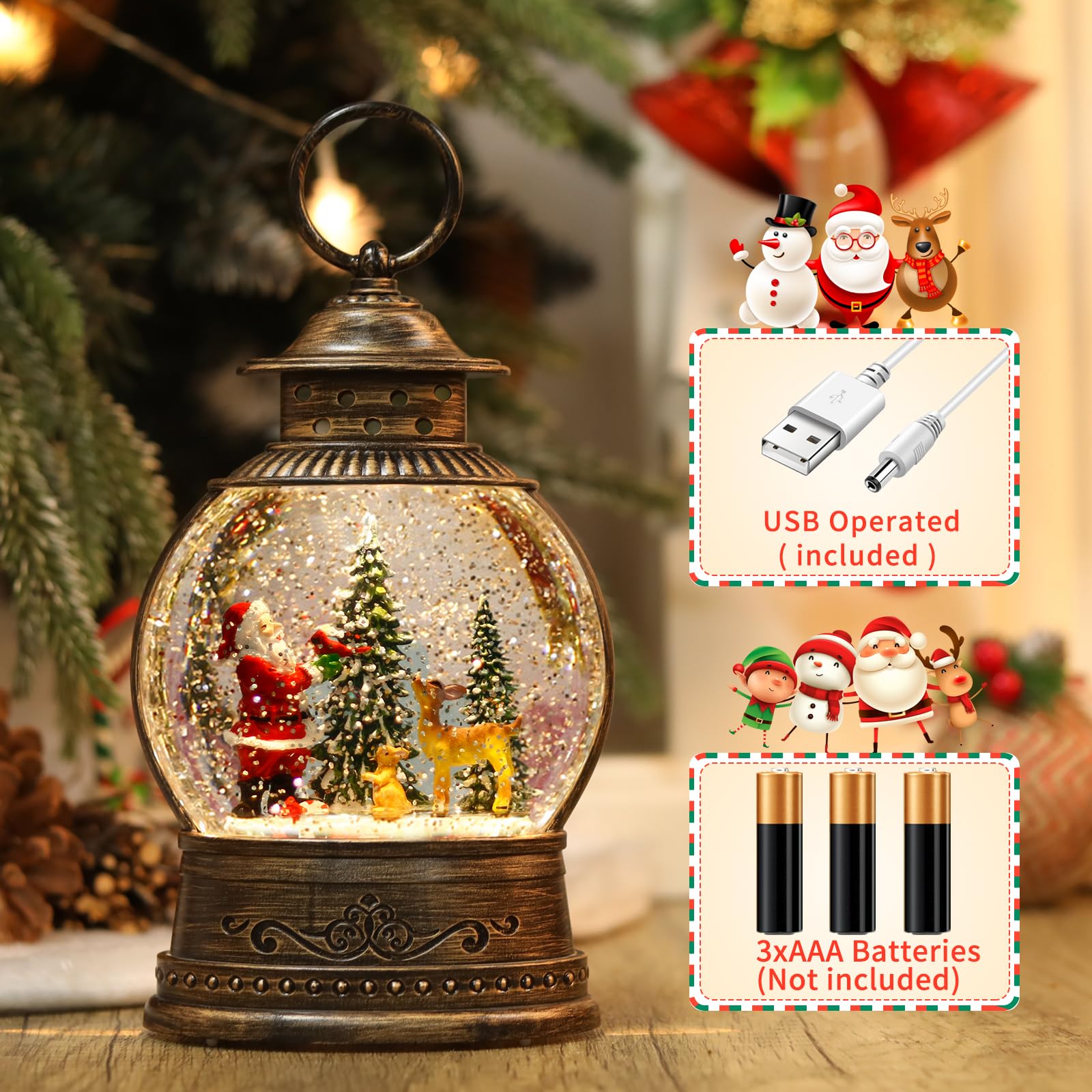 Boule à Neige Musicale Lanterne De Noël - Père Noël Illuminé, 8 Mélodies - Décoration Vintage Pour Intérieur Ou Extérieur