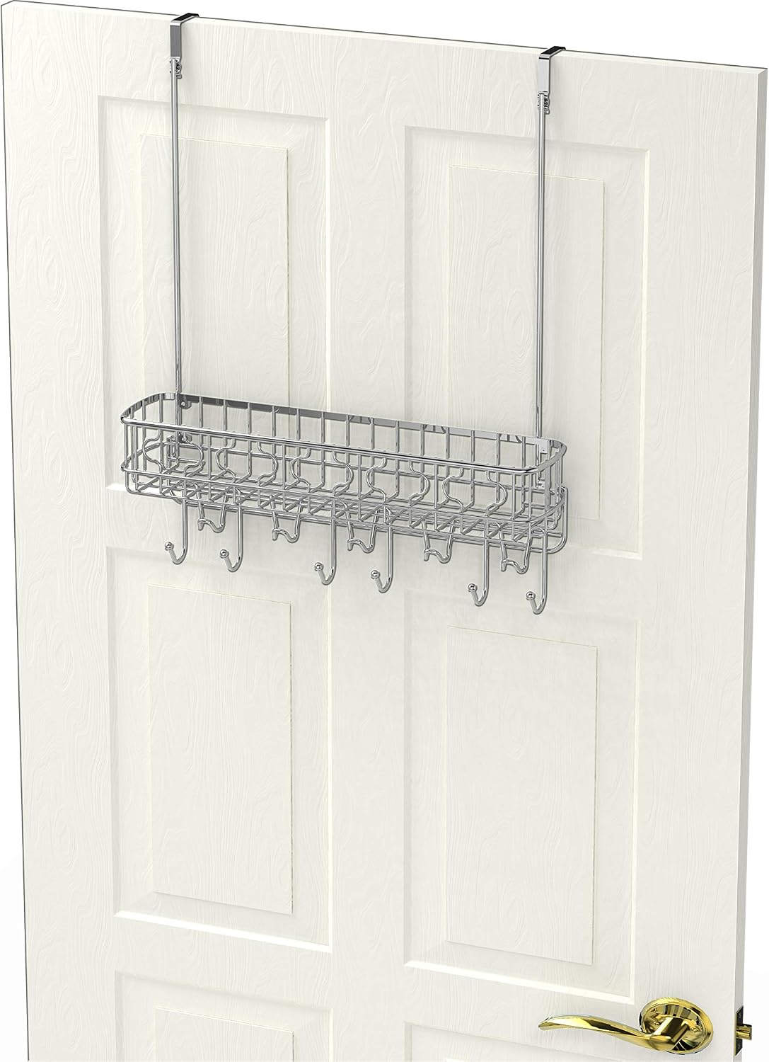 Simple Houseware Over The Door Single Basket Storage Rack, 11 Hooks, Chrome image 5