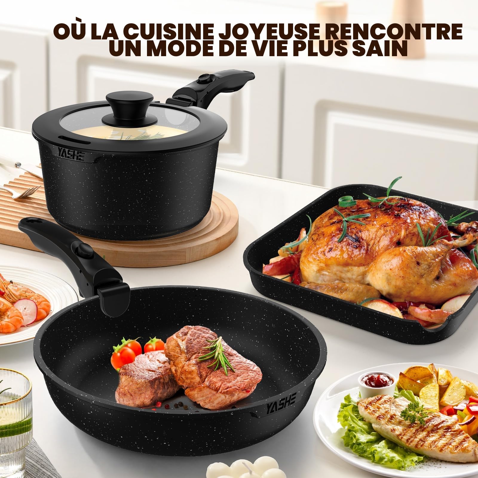 YASHE Batterie de cuisine 21 pièces, Ensemble de casseroles et poêles antiadhésifs, poignées amovibles, couvercles en verre, compatible induction, four, empilable,grise, Gris