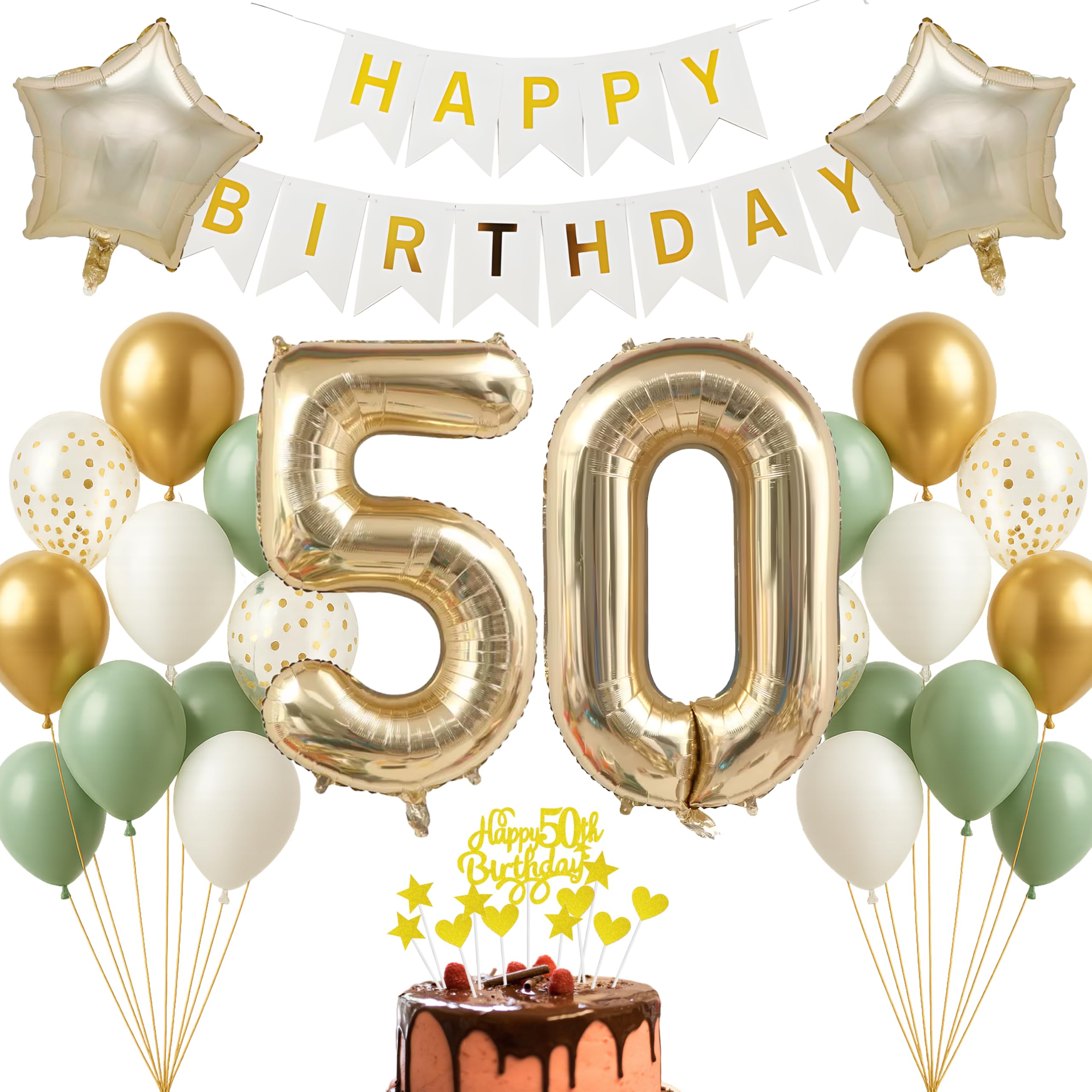 50th Birthday Decoration Set Champagne Gold White Sage Green Happy Birthday Banner for Adults Women Men Decoration for 50th Birthday Golden 50th Birthday Decoration Photo Background Balloon Decoration