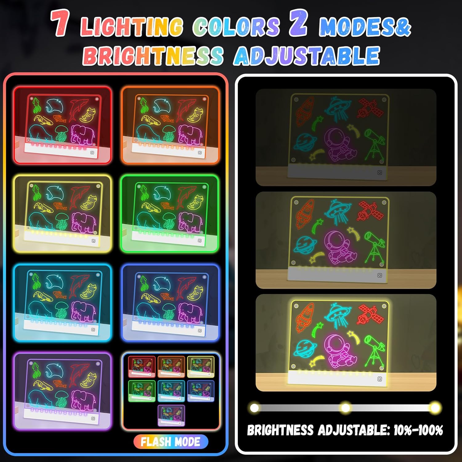 The YONHAN LED Drawing Board displaying various lighting colors, illustrating the 7 dynamic light modes.