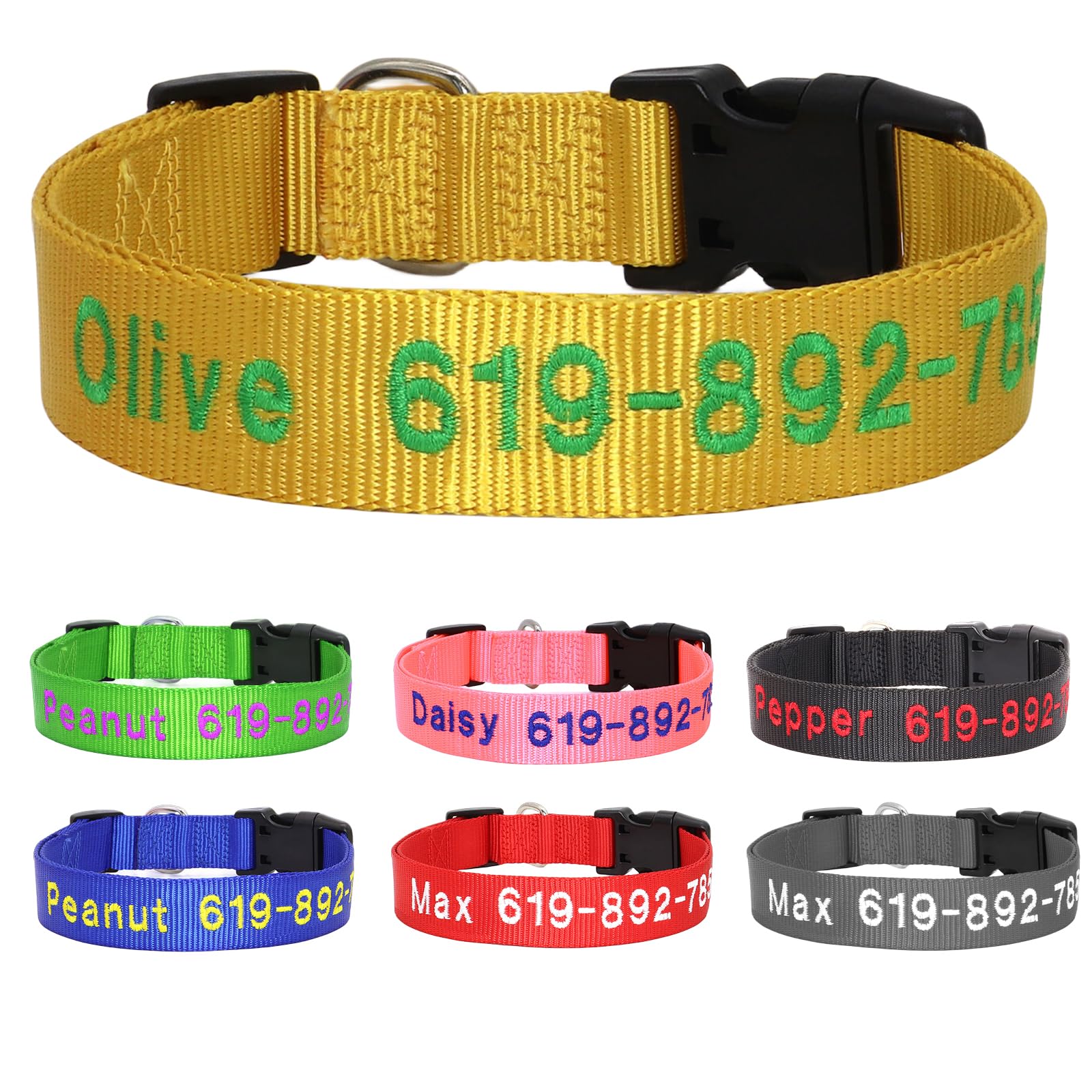 Collar para Perro Personalizado de Nylon Bordado，Hebilla liberable，Amarillo | Bordado personalizado nombre y teléfono;5 tallas XS-XL, nailon resistente, regulable para perros machos, hembras y cachorros