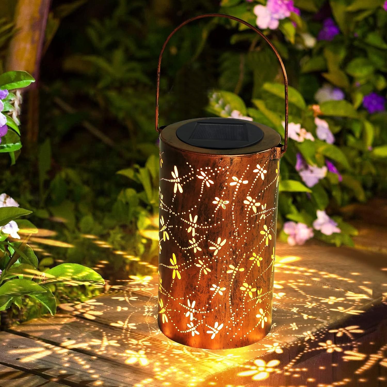 YISITEONE 4-Pack Dragonfly Outdoor Solar Lanterns, Garden Waterproof Metal Hanging Decor Lights for Patio Yard Pathway Lawn Front Porch, Birthday Gardening Gifts for Women Mom Grandma