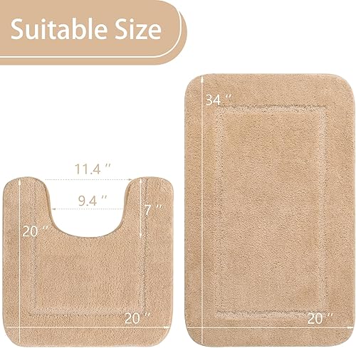 Miniatura 2 de LOCHAS Juego de 2 alfombras de baño suaves, color beige, tapete de baño en forma de U de 20 x 20 pulgadas y 34 x 20 pulgadas, tapetes de secado