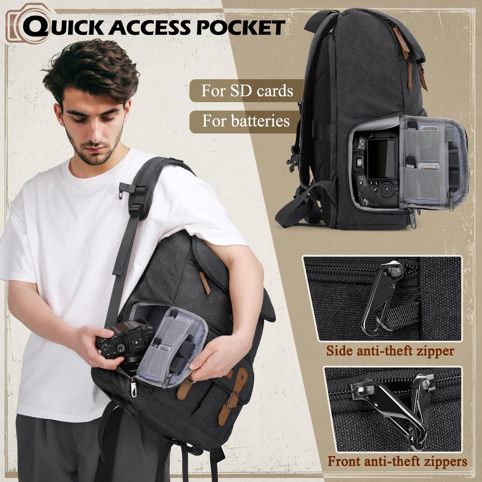 RAINSMORE Camera Bag Backpack for DSLR/SLR Mirrorless 15.6 Inch Laptop Camera Back Pack for Photographers Anti-Theft Photography Bags Case with Tripod Holder & Rain Cover, Black