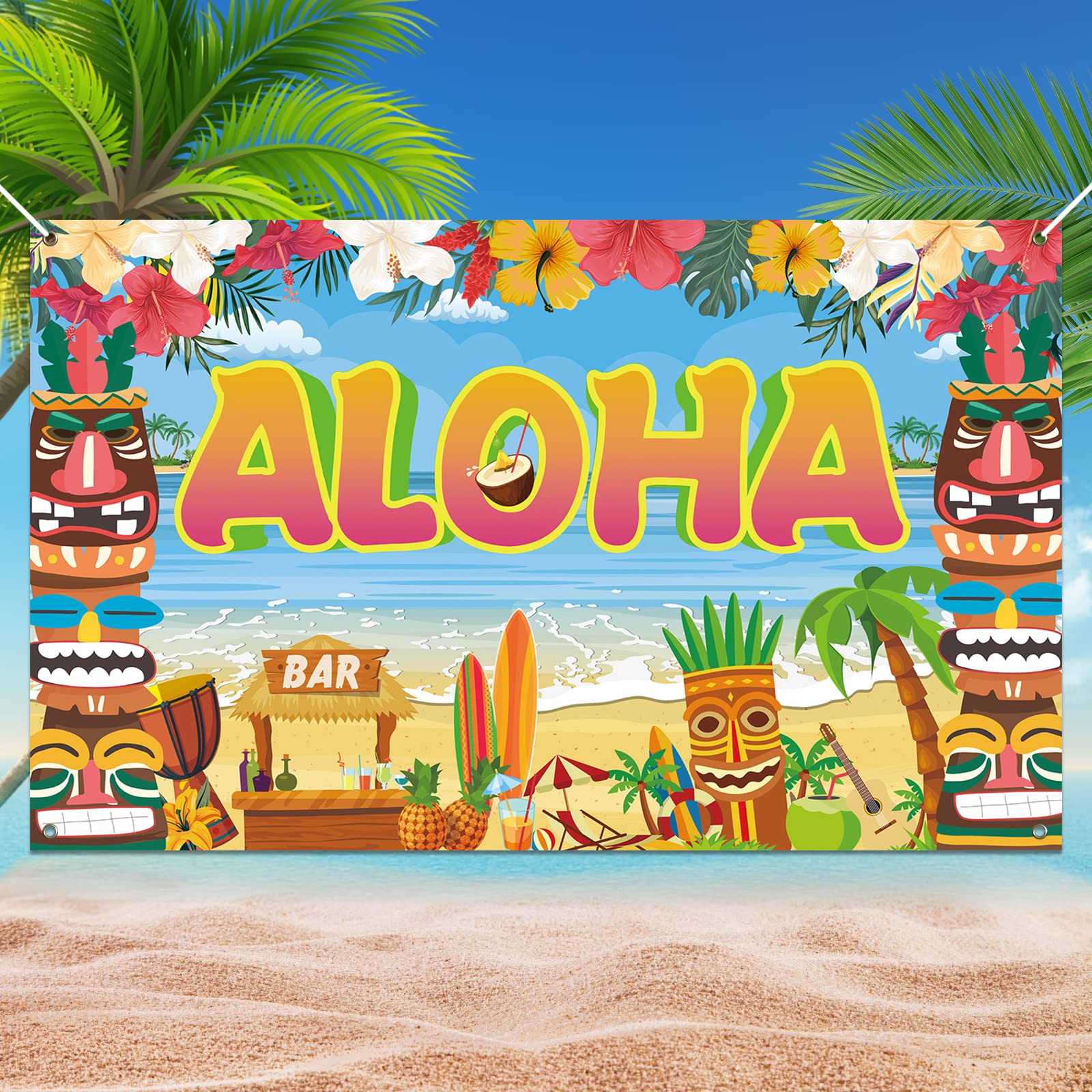 Koliphy Aloha Banner for Hawaiian Party Decoration, Hawaii Summer Backdrop Banner Outdoor Decor, Luau Tiki Bar Pool Beach BBQ Party Decorations, 70.8 x 43.3inch
