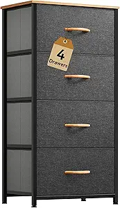 DWVO 4 Drawers Dresser, Small Dresser for Room, Fabric Storage Tower, Chest of Drawers, Organizer Unit for Closets, Living Room, Sturdy Steel Frame, Wooden Top, Easy Pull Handle