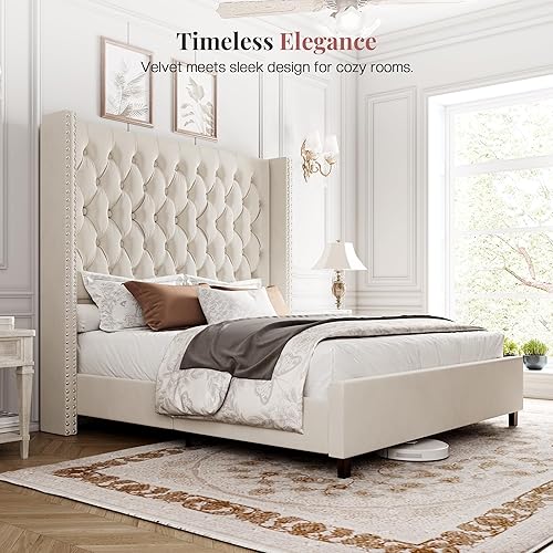 Miniatura 7 de PaPaJet Base de cama tamaño Queen con cabecera de diseño de alas de 61.4 pulgadas de alto, plataforma tapizada de terciopelo, acolchado de botón