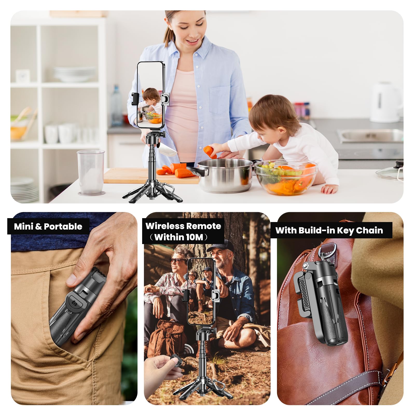 Palos de selfie para iPhone, trípode multifuncional 4 en 1 con control remoto, mini palo selfie de tamaño de bolsillo, adecuado para fotografía, transmisión en vivo, artículos esenciales de