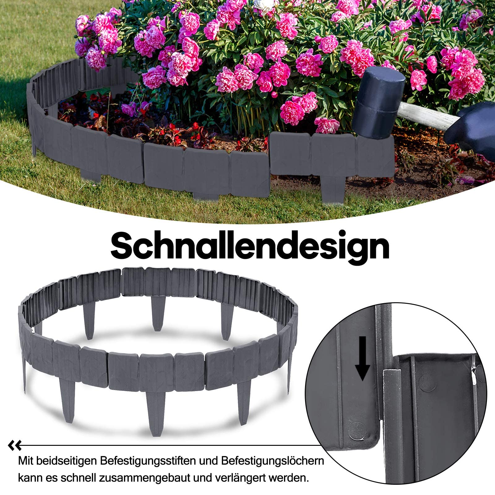 Beeteinfassung Rasenkante Stein Rasenkante Kunststoff PP-Beetbegrenzung Beetumrandungen für Garten Wiese LxH 25x23cm 50-teilige / 12,5M Anthrazit