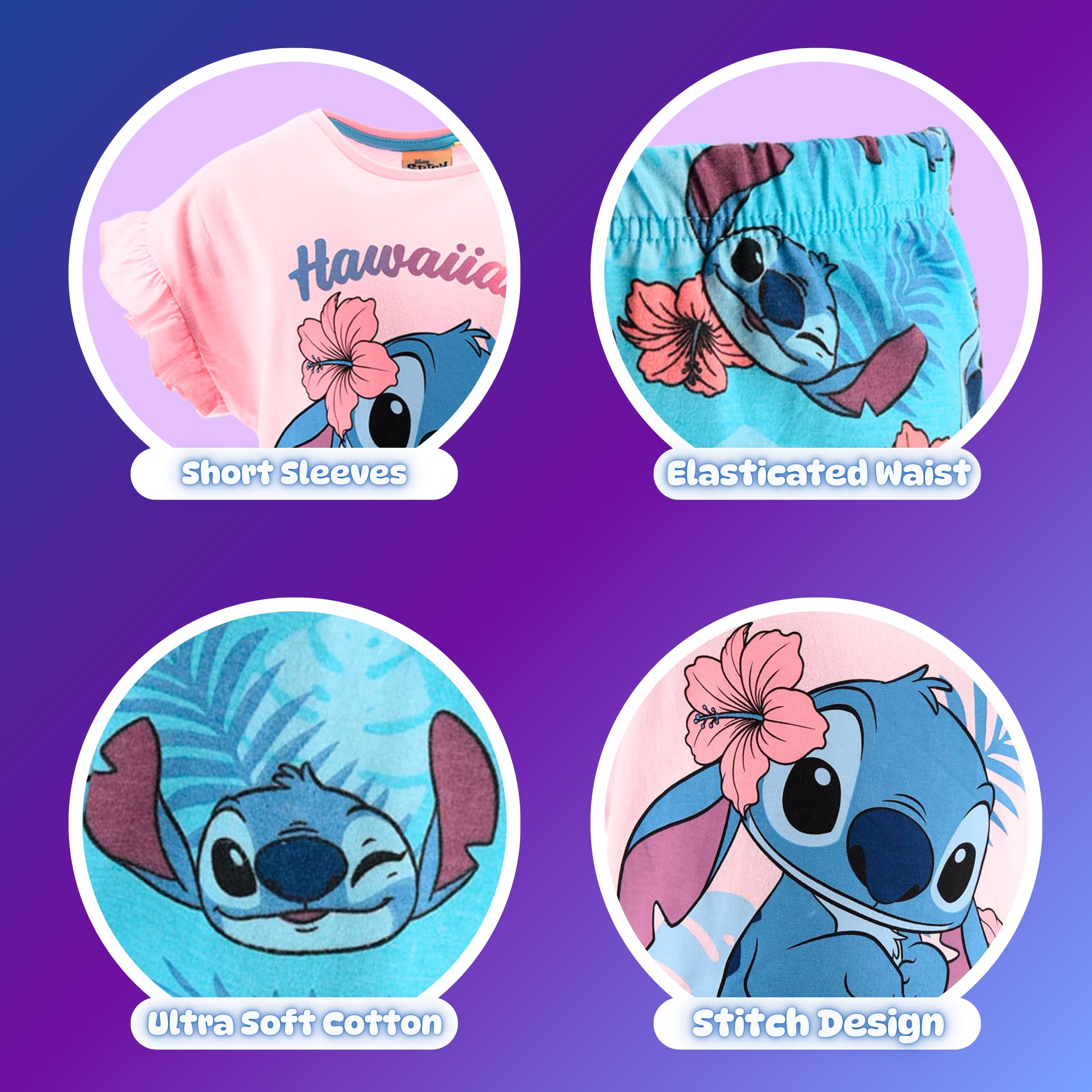 Disney Stitch Pyjama pour Fille, 'Hawaiian Dream' T-Shirt à Manches Courtes et Short en Coton, Tailles 3 à 8 Ans