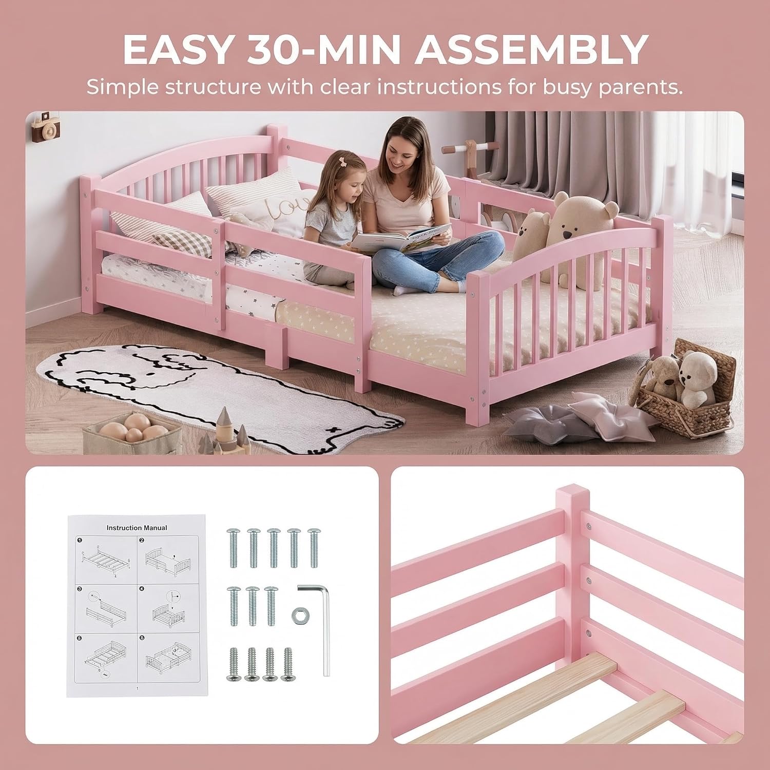 extrasleep Full Size Montessori Floor Bed with Slats and Fence, Solid Wood Low Profile Bed with Fence, Full Beds Without Door for Kids Girls Boys Teens Adults, Easy Assembly, Pink