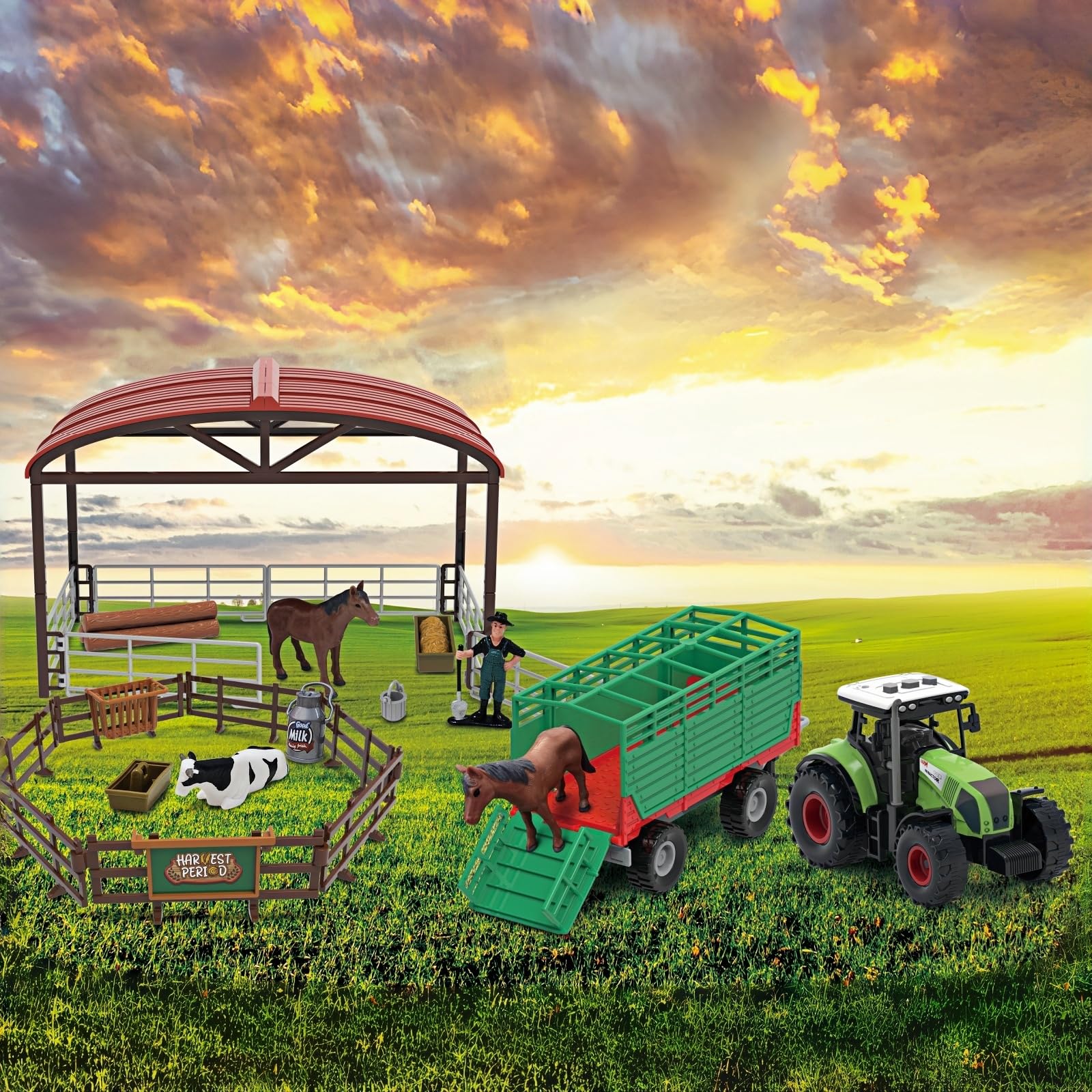Scala 1:36 Veicolo agricolo inerziale (37 pezzi), stalle, set di combinazione di animali, giocattolo per bambini, trattore, fattoria, 3 effetti sonori simulati, luci