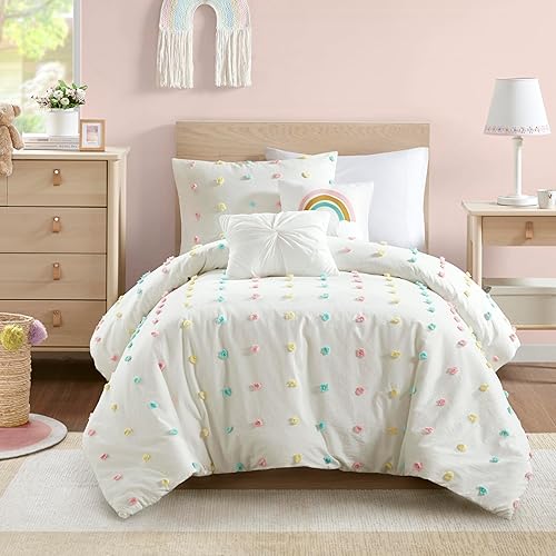 Urban Habitat Kids Edredón de algodón jacquard tejido colorido con detalles de pompones, funda elegante para edredón, juego de cama acogedor, fundas