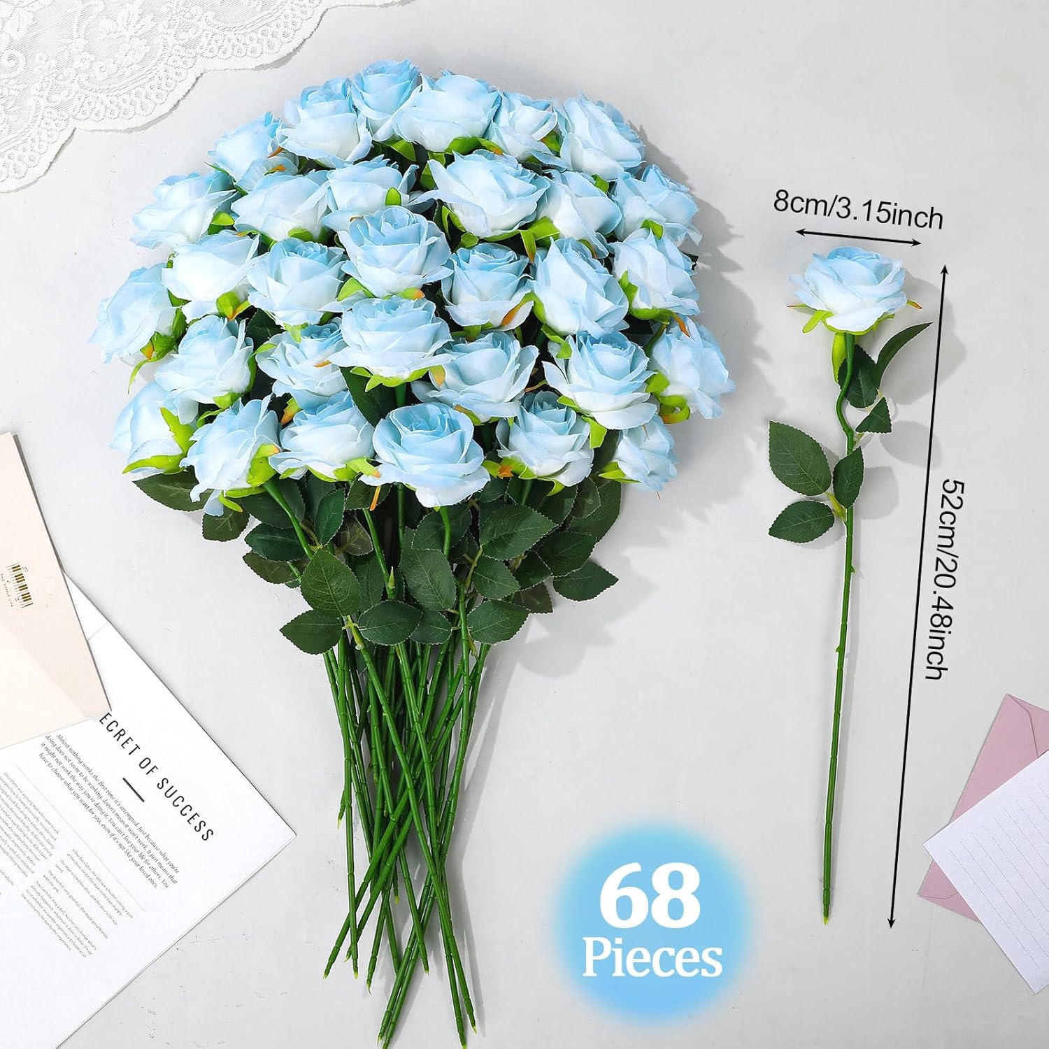 68 Pcs Ice Blue Artificial Roses Fake Flowers,Silk Flowers with Stems for DIY Wedding Bridal Shower Centerpieces Arrangements Tables Decorations - Image 2