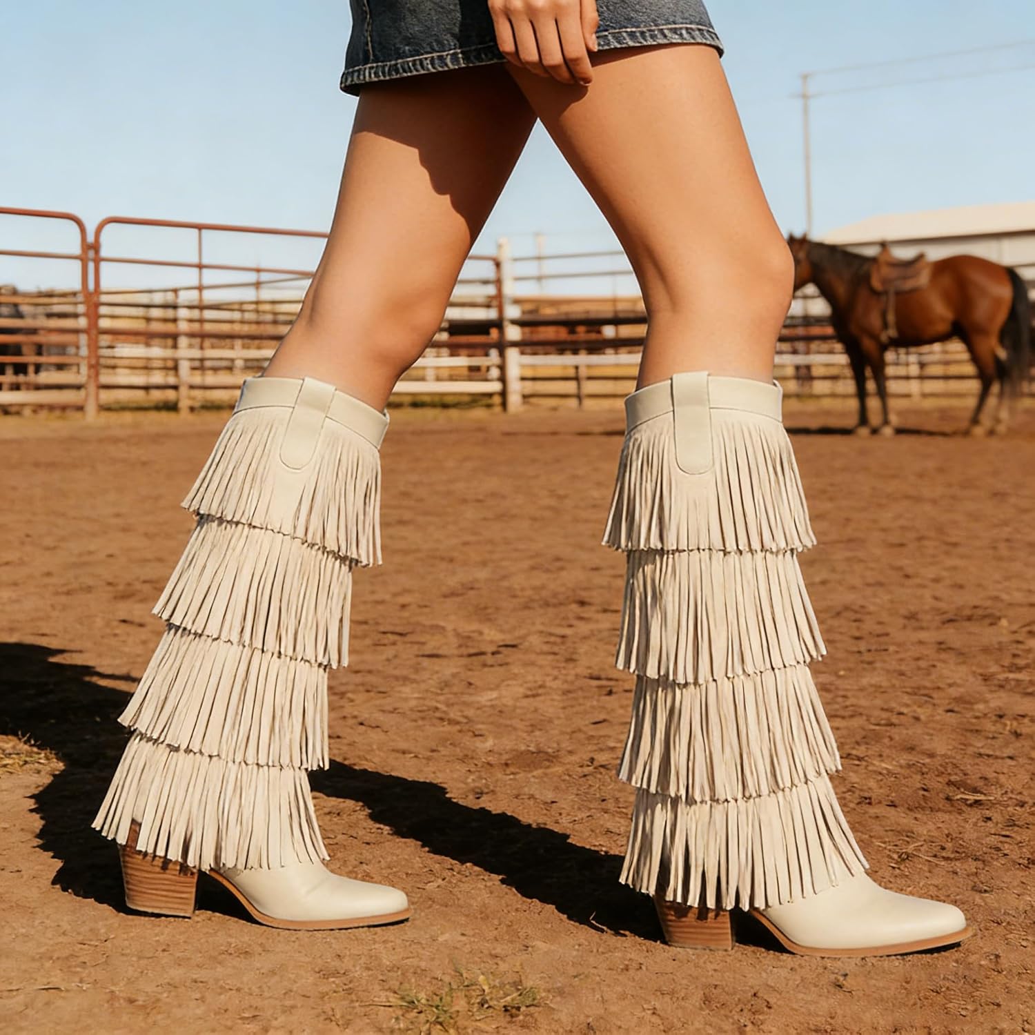 Womens Fringe Boots Knee High Cowboy Boots Chunky Heel Western Pointed Toe Slip on Wide Calf Cowgirl Boot Fashion Heeled Shoes