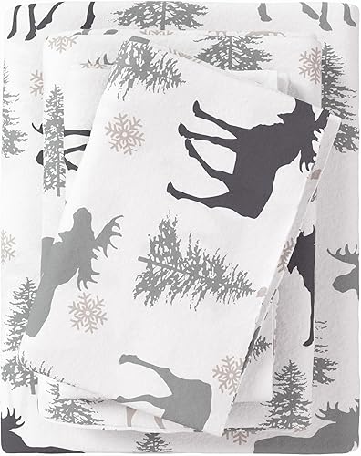 Great Bay Home - Juego de sábanas de franela, tamaño matrimonial, 100% algodón turco, de doble cepillado, con estampado, ultrasuaves, acogedoras, 4