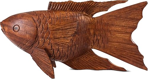 G6 Collection Estatua de madera tallada a mano de pez Koi, escultura artística, decoración rústica para el hogar, acento hecho a mano, hecho a mano,