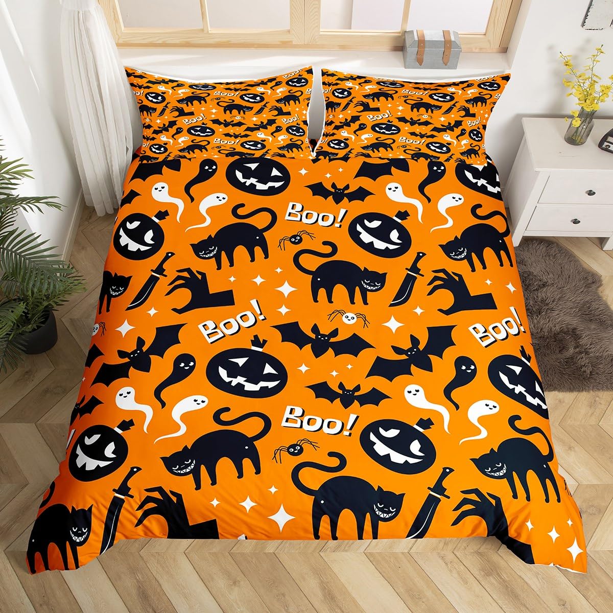 Halloween Duvet Cover Sets Bedding Super King Size Halloween Jack-O-Lantern Black Cat Bat Quilt Covers Bedding Set Microfibre Duvet Cover With 2 Pillowcase, Easy Care Washable (Super King，220x260 cm)