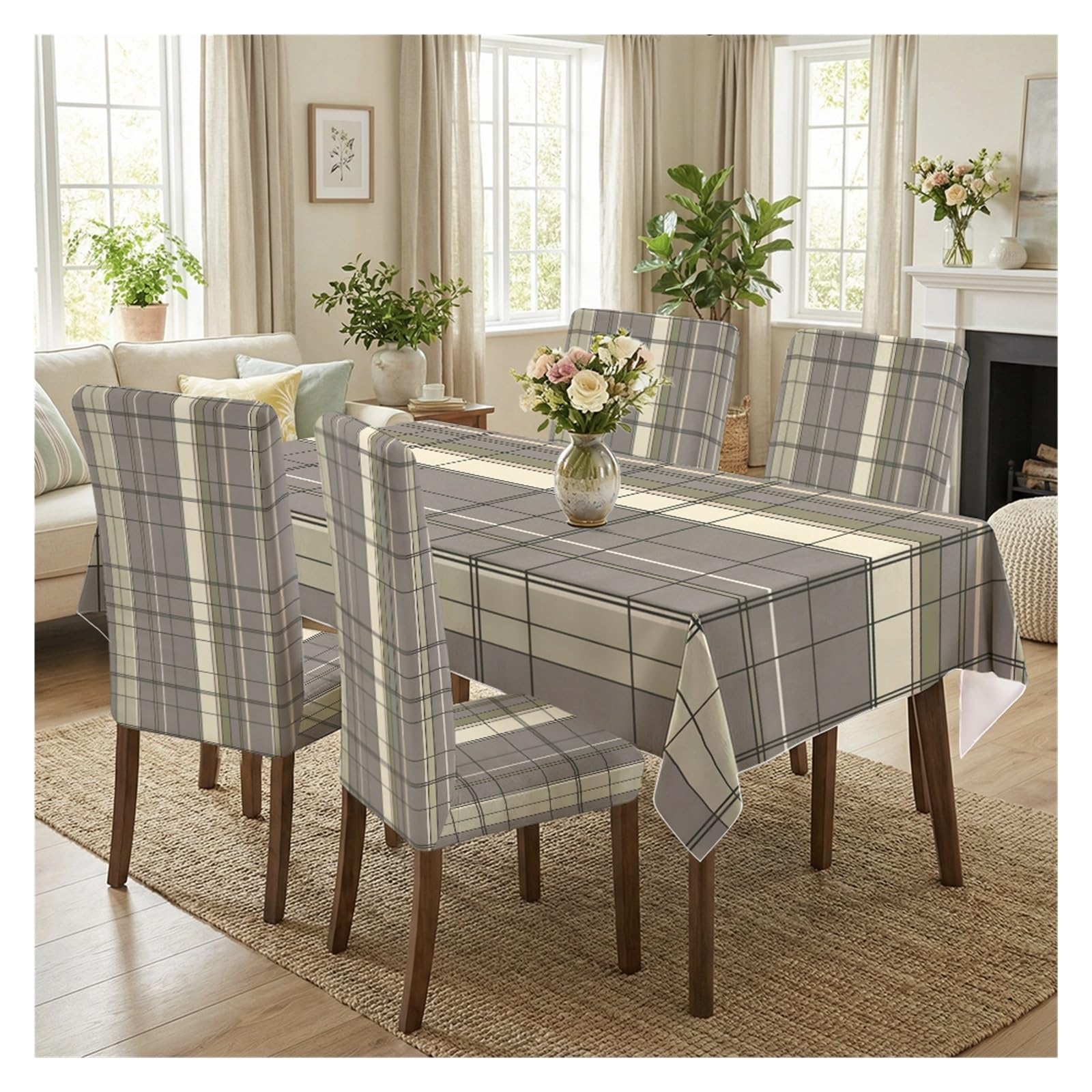 BOSUYBN Classic Grey Tartan Plaid Dining Chair Covers & Tablecloth Set, 5/7 Piece Neutral Check Slipcovers For Modern Farmhouse Home Decor Table Setting(5pcs Set: Tablecloth+Chair Covers)