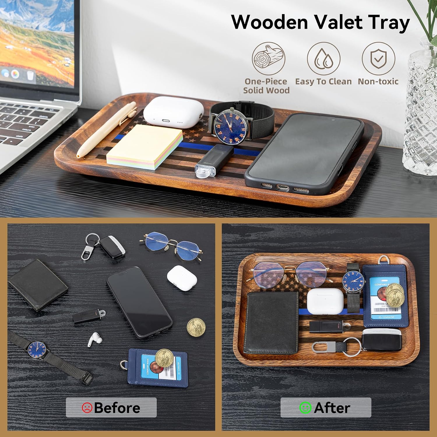 Thin Blue Line American Flag Acacia Wood Valet Tray – Police Officer Gift