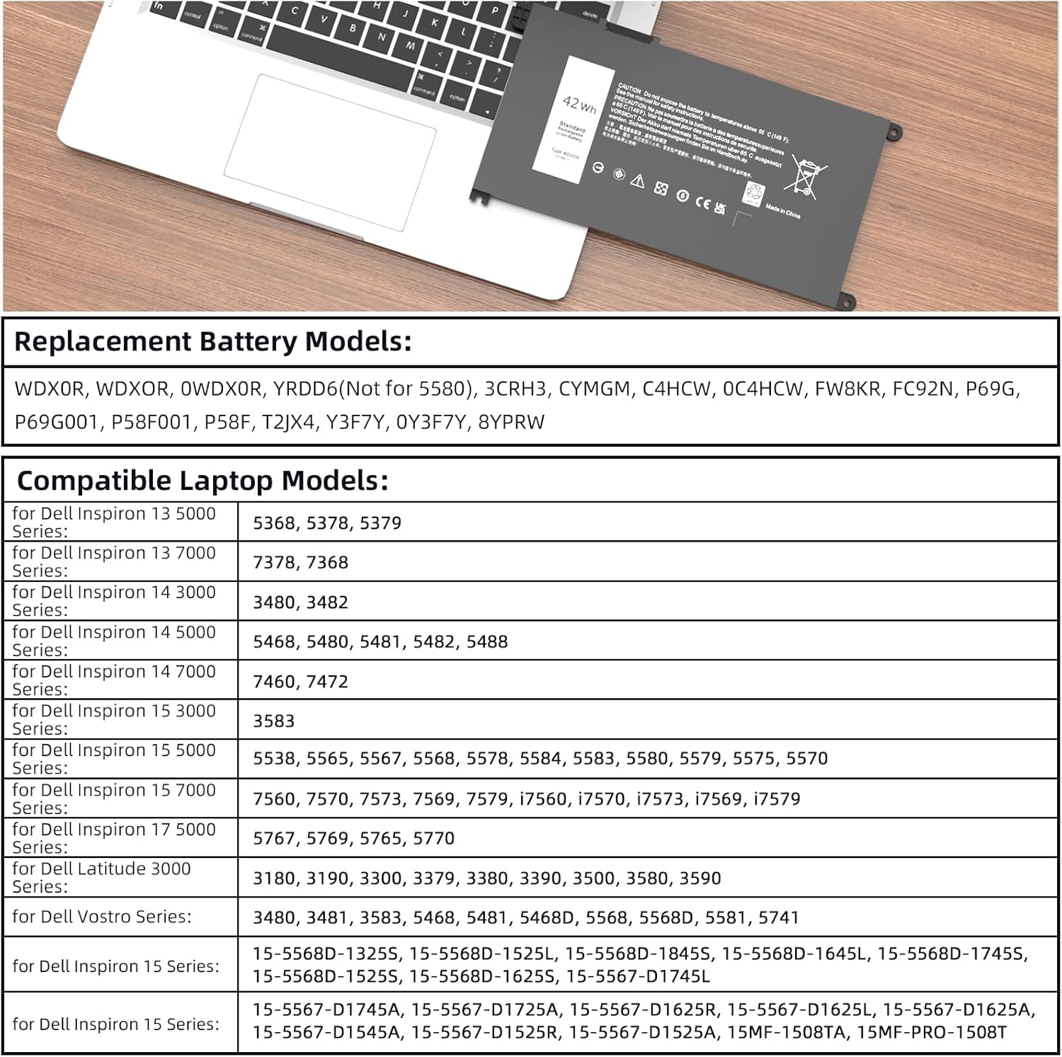42Wh WDX0R Laptop Battery Replacement for Dell Inspiron 15 13 5000 7000 Series 5568 5567 5570 7579 7378 5567 7573 5565 5379 5378 Latitude 3180 3380 3590 3490 3340 Vostro 5581 5468 P69G 3CRH3 WDXOR