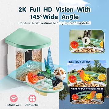 VEVOR Smart Bird Feeder with Camera, Solar Powered Bird House Camera, Wireless Outdoor Vedio Birdfeeder with AI Identify Birds, Auto Detect & Instant Notify and 2K Full HD, Ideal Gift for Bird Lover