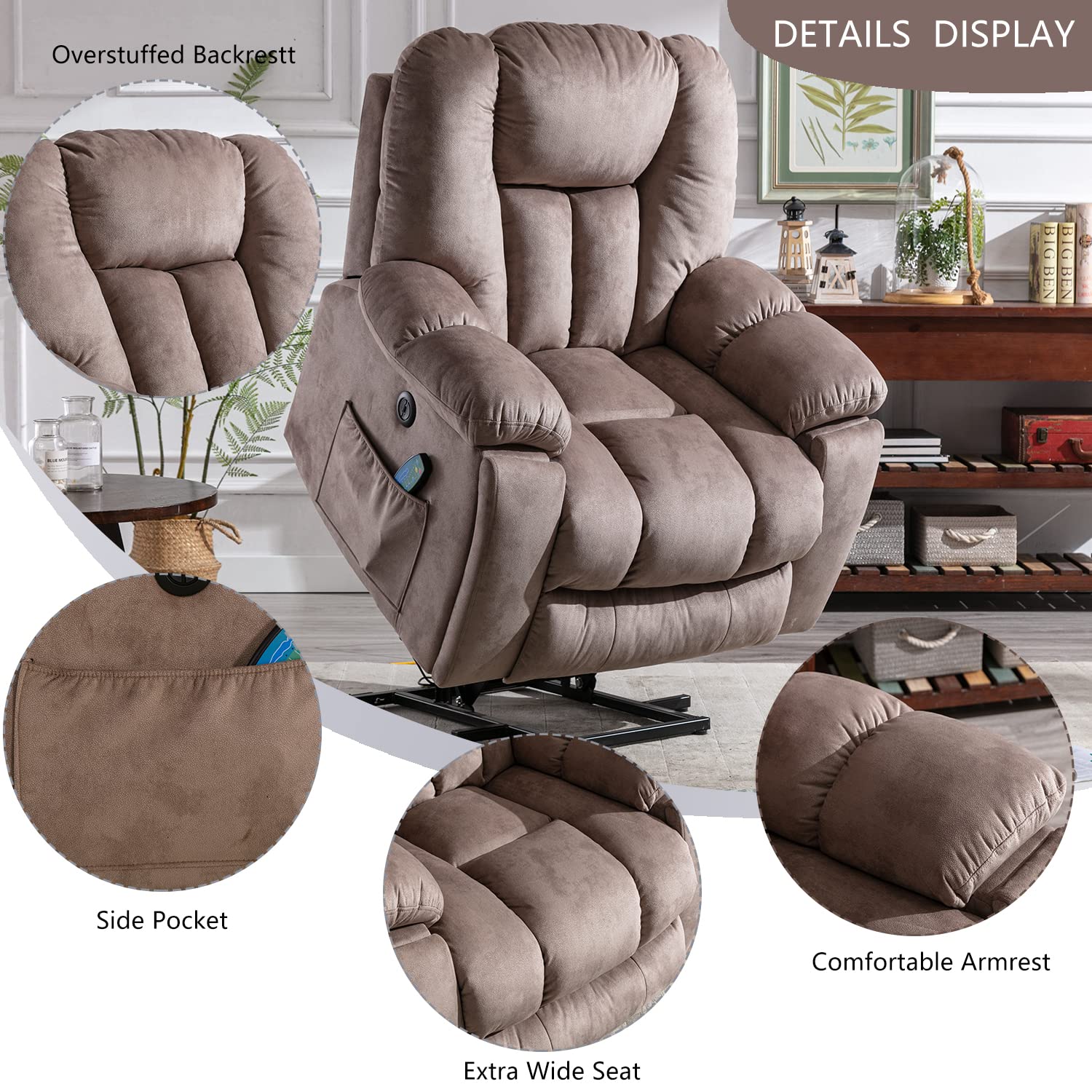 CANMOV Power Lift Recliner Chair with Massage and Heat for Elderly, Overstuffed Wide Recliners, Heavy Duty and Safety Motion Reclining Mechanism with USB Ports, 2 Concealed Cup Holders, Apricot
