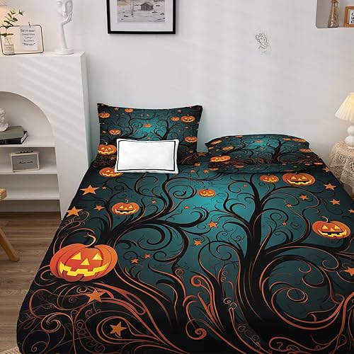 Miniatura 127 de Sábanas de Halloween tamaño individual – Juego de sábanas espeluznantes de calabaza murciélago para niños y niñas, juego de sábanas temáticas