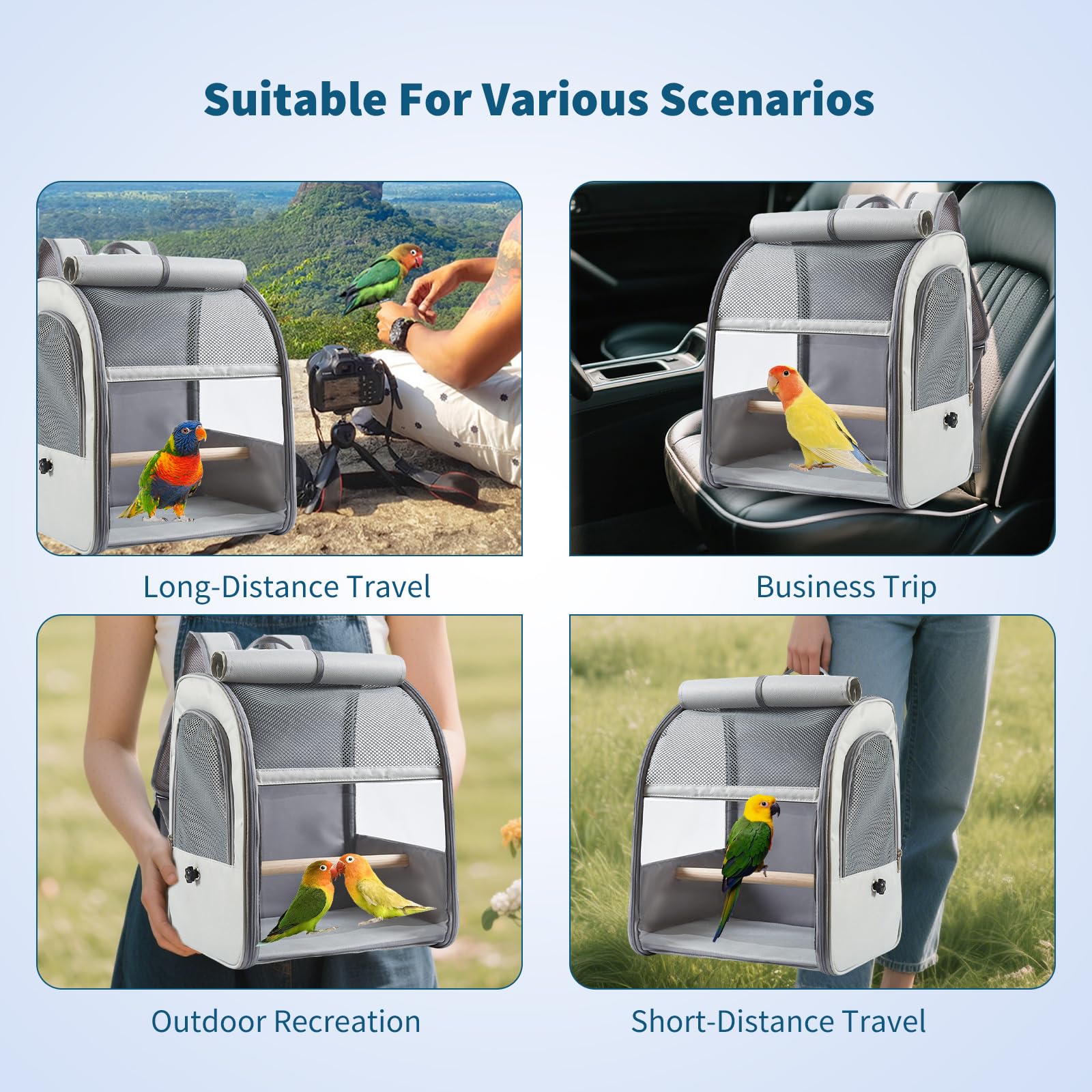 PETCUTE Rucksack für Vögel,Atmungsaktive Vogel Tragetasche mit Stehender Stange,Tragbarer Haustier-Transportkäfig mit Verbessertem Tablett,für Sittiche,Graupapageien, Caique, Senegal,Papageien