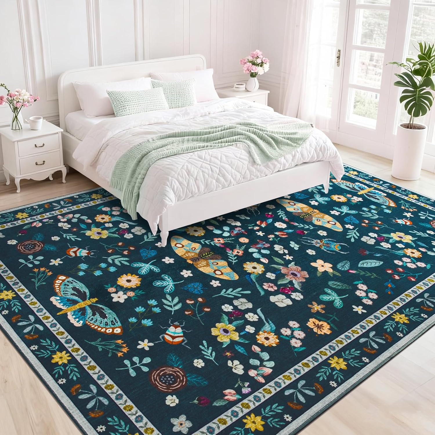 5x7 Area Rugs for Living Room, Soft Washable Insect Rug for Bedroom, Floral Butterfly Low Pile Modern Carpet Non Slip Thin Large Throw Carpets for Dining Room Kitchen Home Office, Teal Green